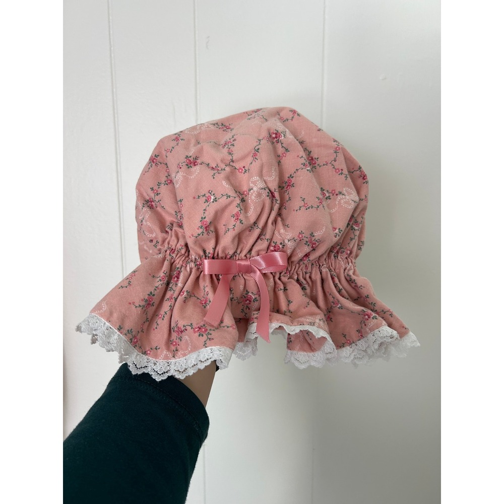 Handmade Prairie Dress bonnet Pink Floral Lace costume coquette cottage pioneer - Picture 4 of 15